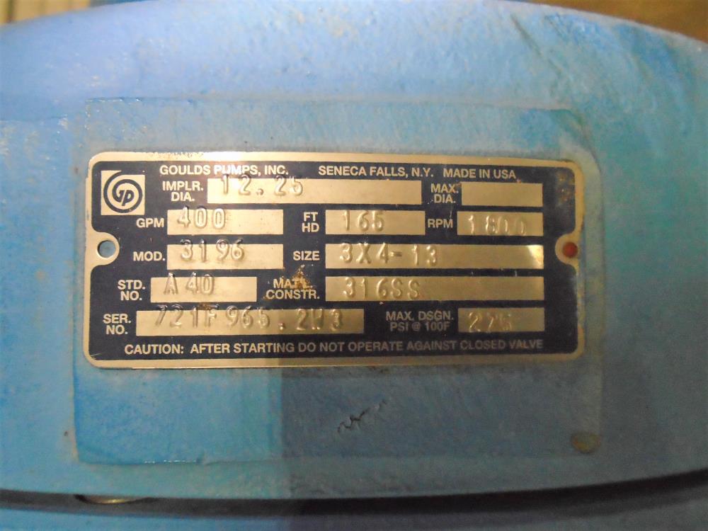 Goulds 3196 MTX Centrifugal Pump, 3"x 4"-13", 316 SS w/ 50 HP Motor
